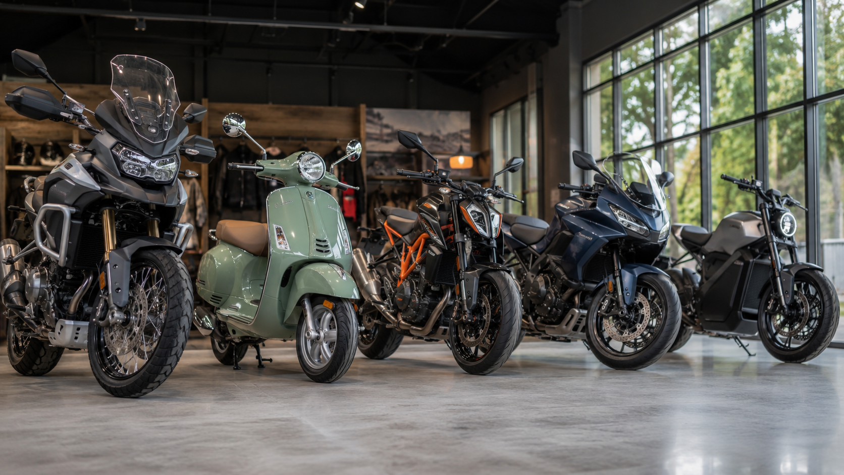 Fünf unterschiedliche Motorräder – Reiseenduro, Roller, Naked Bike, Sporttourer und Elektromotorrad – nebeneinander in einem Showroom, Symbolbild für die Modellvielfalt am österreichischen Motorradmarkt 2026.